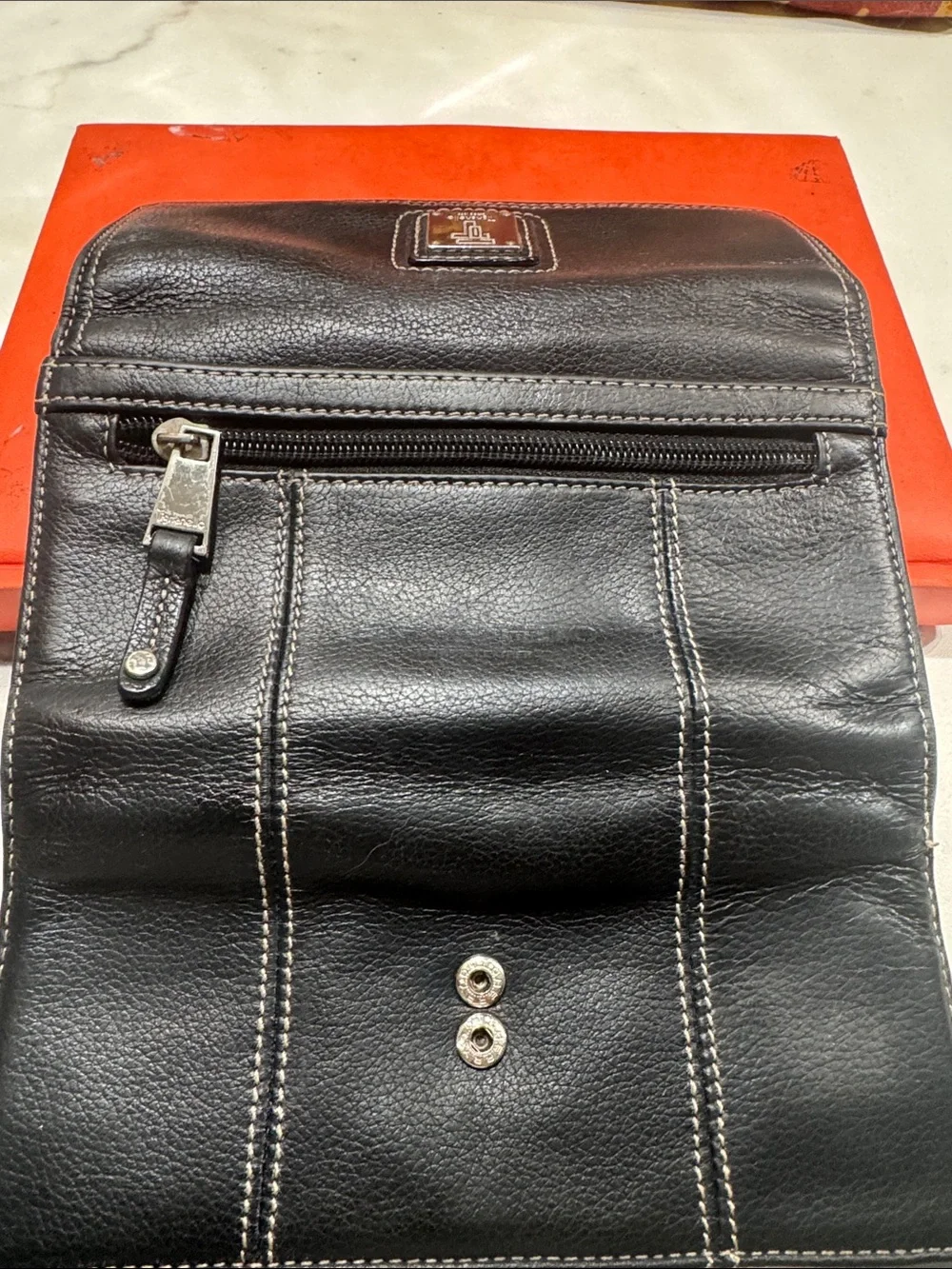 Tignanello Black Leather Trifold Wallet with White Stitching Genuine Leather